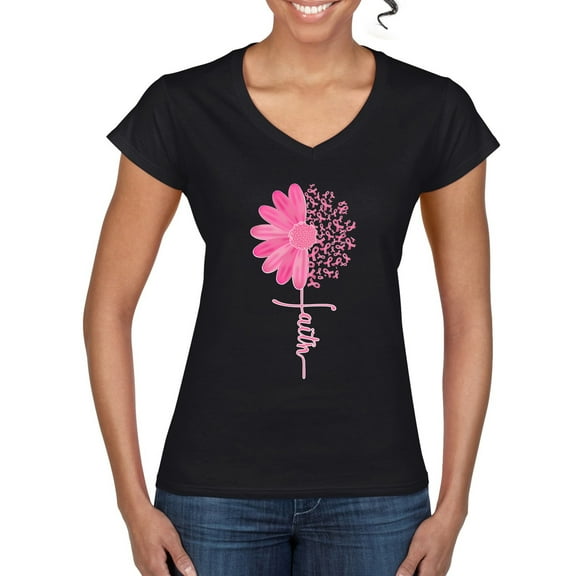 Wild Bobby, Faith Pink Ribbon Sunflower, Breast Cancer Awareness, Women Standard V-Neck Tee, Black, Small