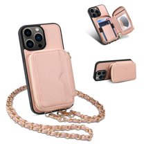 ELEHOLD for iPhone 14 Pro 6.1" Crossbody Leather Case,Card Slots Zipper Wallet Kickstand Premium Leather Full Body Protection with Metal Shoulder Strap Wallet Case,Pink