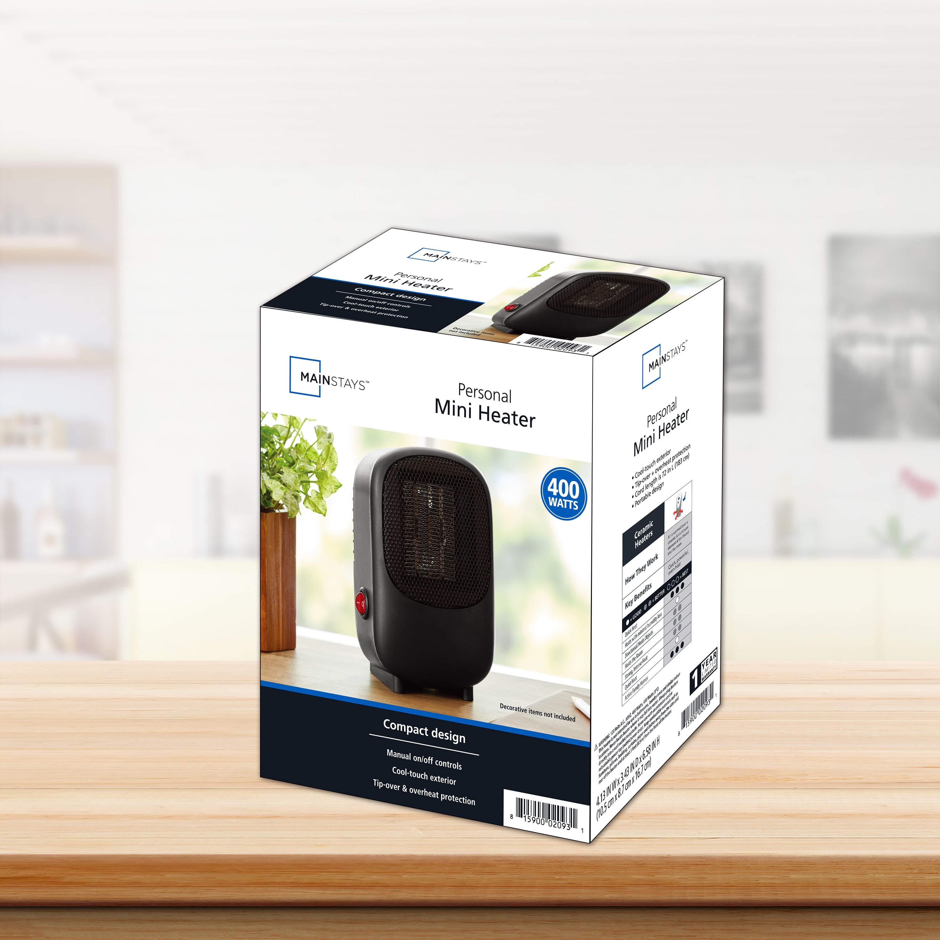 Mainstays Personal Electric Ceramic Heater 400W for Inside, Portable Electric Heater for Home, PTC Ceramic for Fast Safe Energy Efficiency, Black