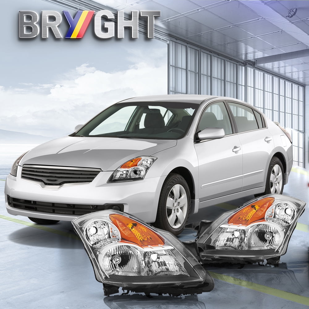 BRYGHT-Chrome Headlights For 2007 2008 2009 Nissan Altima Chrome Housing Amber Corner Headlights Lamps