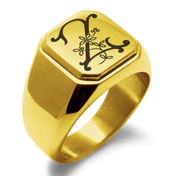 Stainless Steel Letter Z Initial Floral Monogram Engraved Engraved Square Flat Top Biker Style Polished Signet Ring