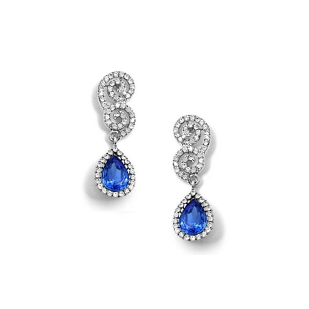 Around Crystal - Rhodium Crystal Rhinestone Double Curl Ends with Dangle Crystal Rhinestones Around a Sapphire Teadrop Stone Earrings