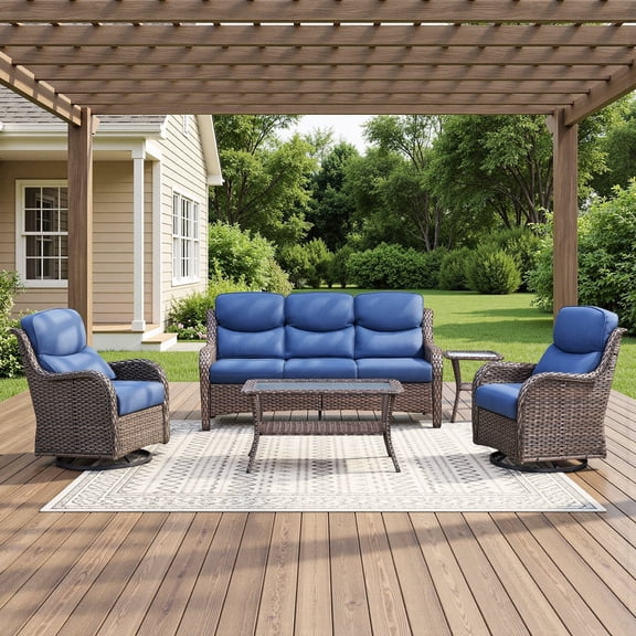 POCASSY 5PCS Outdoor Sectional Patio Furniture Set with Swivel Chairs, All Weather Wicker L Shape Outdoor Sectional Sofa Outdoor Conversation Set