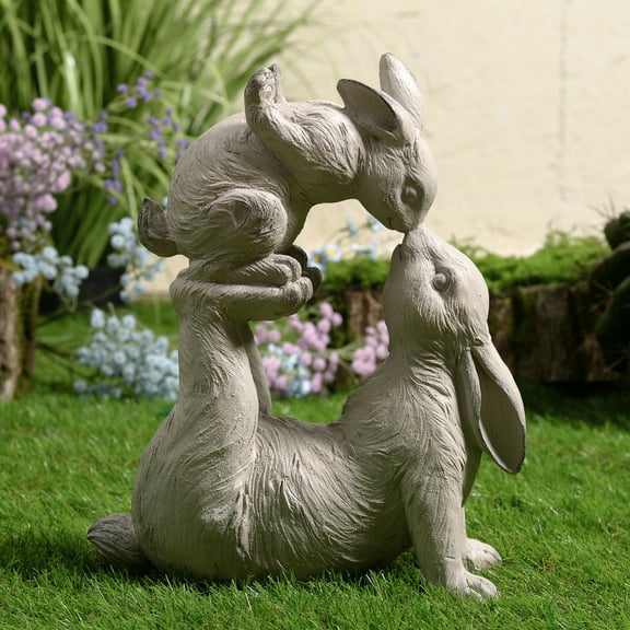 Hi-Line Gifts Mom and Baby Rabbits Outdoor Garden Statue - 14.5"