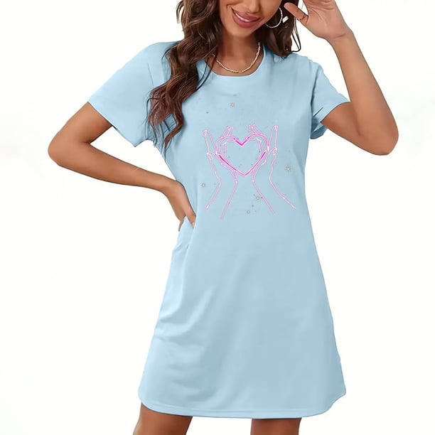 Camisón corto de San Valentín para mujer, talla grande, estampado en el pecho, cuello redondo, manga corta