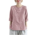 thumbnail image 2 of Homenesgenics Womens Tops under $5 Women's Casual Solid Color Vintage Cotton Linen T-shirt Embroidered Crew-Neck Tops Short Sleeve Tops/shirt Pink L, 2 of 6