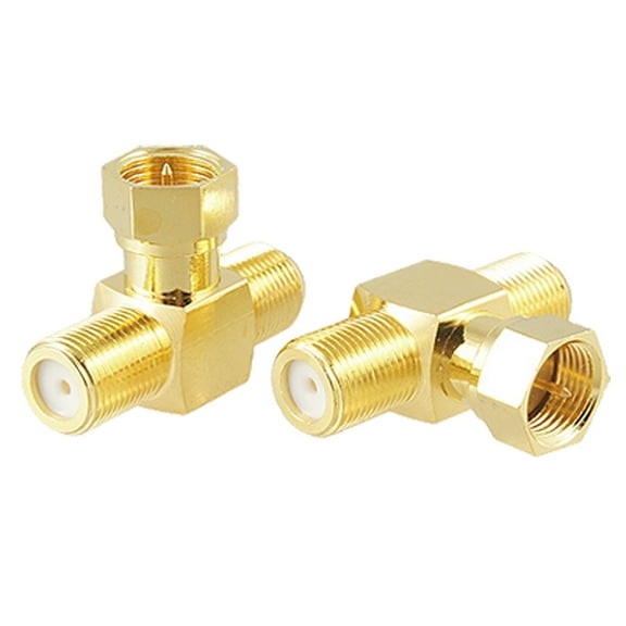Unique Bargains 2pcs T shape F-Type Male to 2 Female RF Adapter Gold Plated Connector