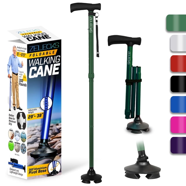 Bastón ZELECKS para mujeres y hombres - Bastón plegable ajustable y autónomo con mango en T y base giratoria de 360 grados - Bastón plegable y ligero para personas mayores - Bastón plegable para camin