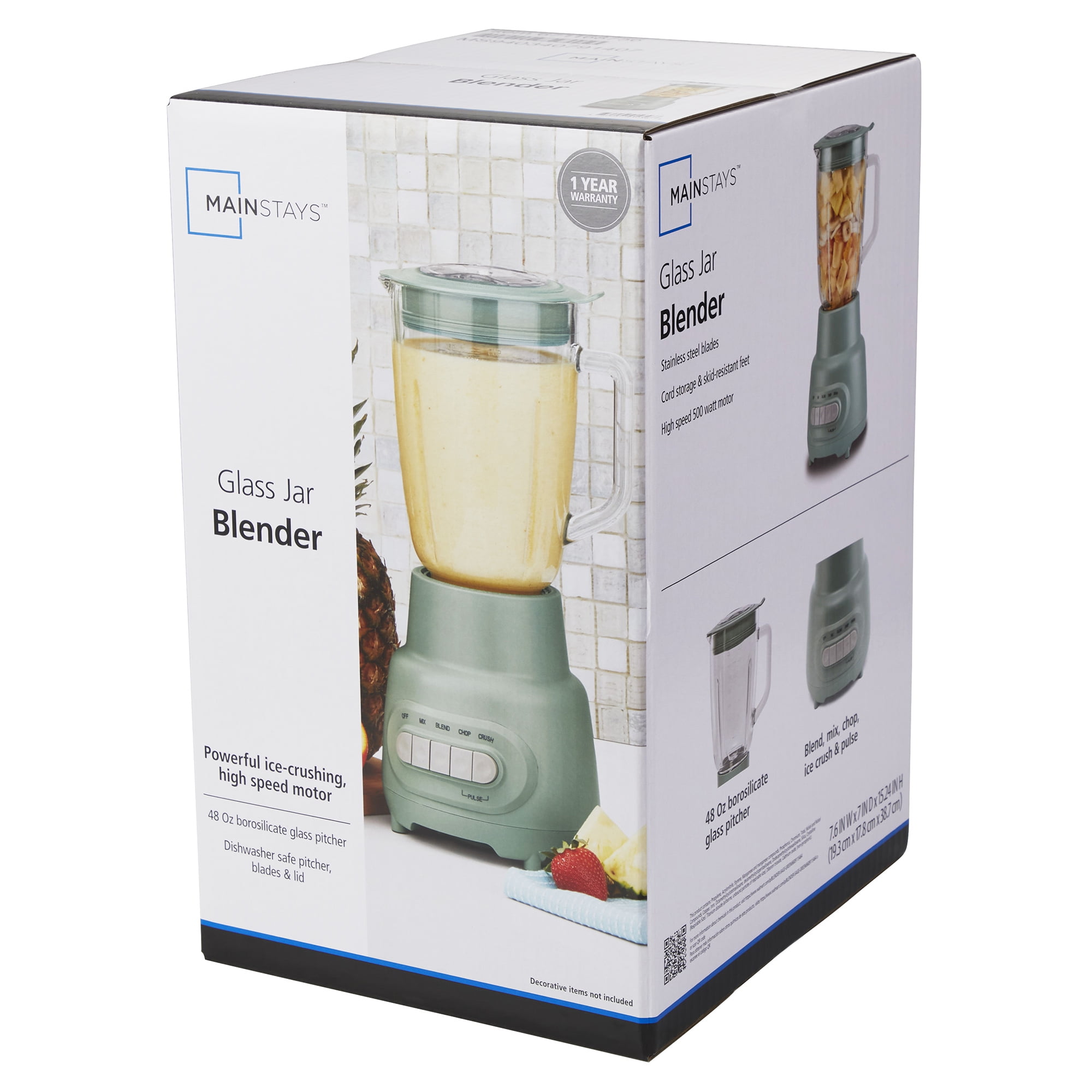 Mainstays Glass Jar 5 Speed Blender with 6-Cup Jar (48Oz) Capacity, Sage Green, New