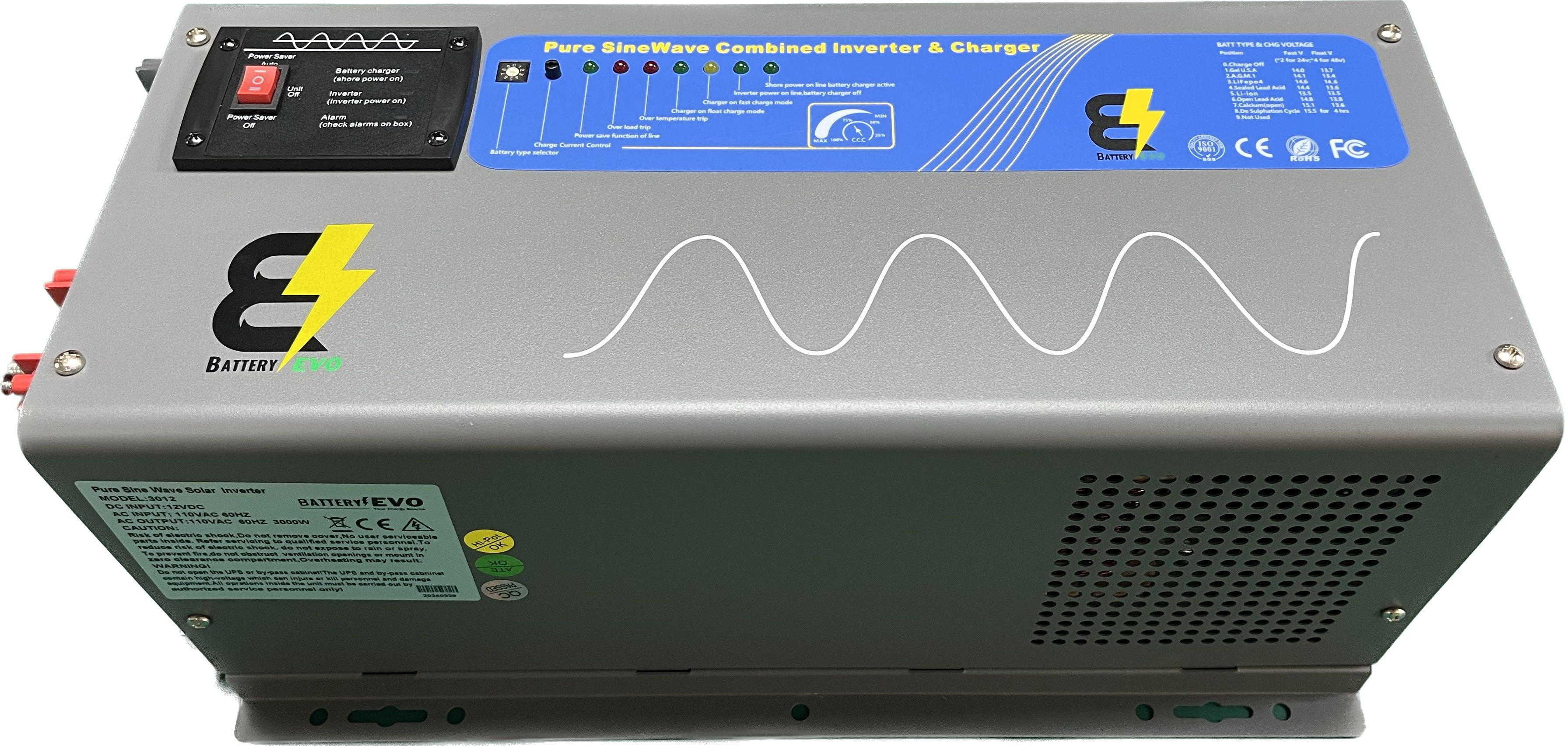Battery EVO 3000 Watt Pure Sine Inverter Charger with Transfer Switch 12V 3kW Inverter