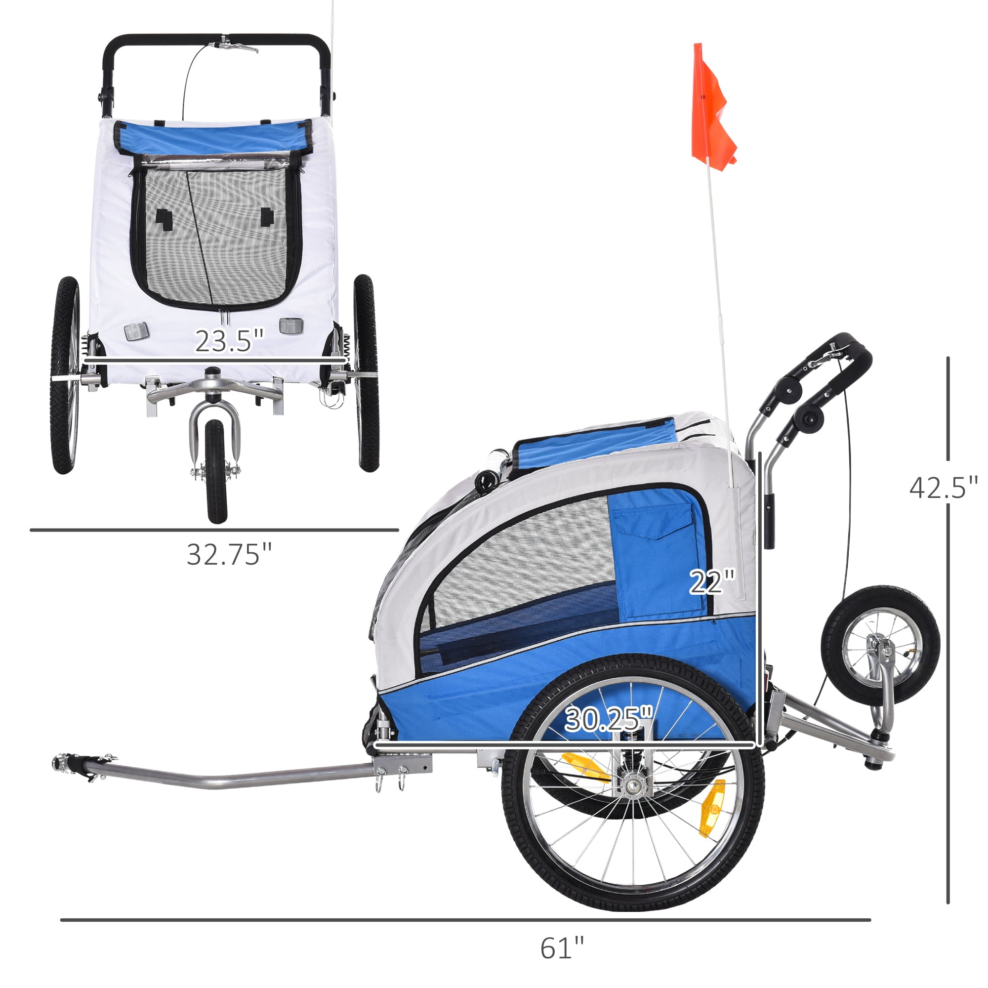 Aosom Elite 2-In-1 Pet Dog Bike Trailer And Stroller With Suspension And Storage  Pockets, Blue 