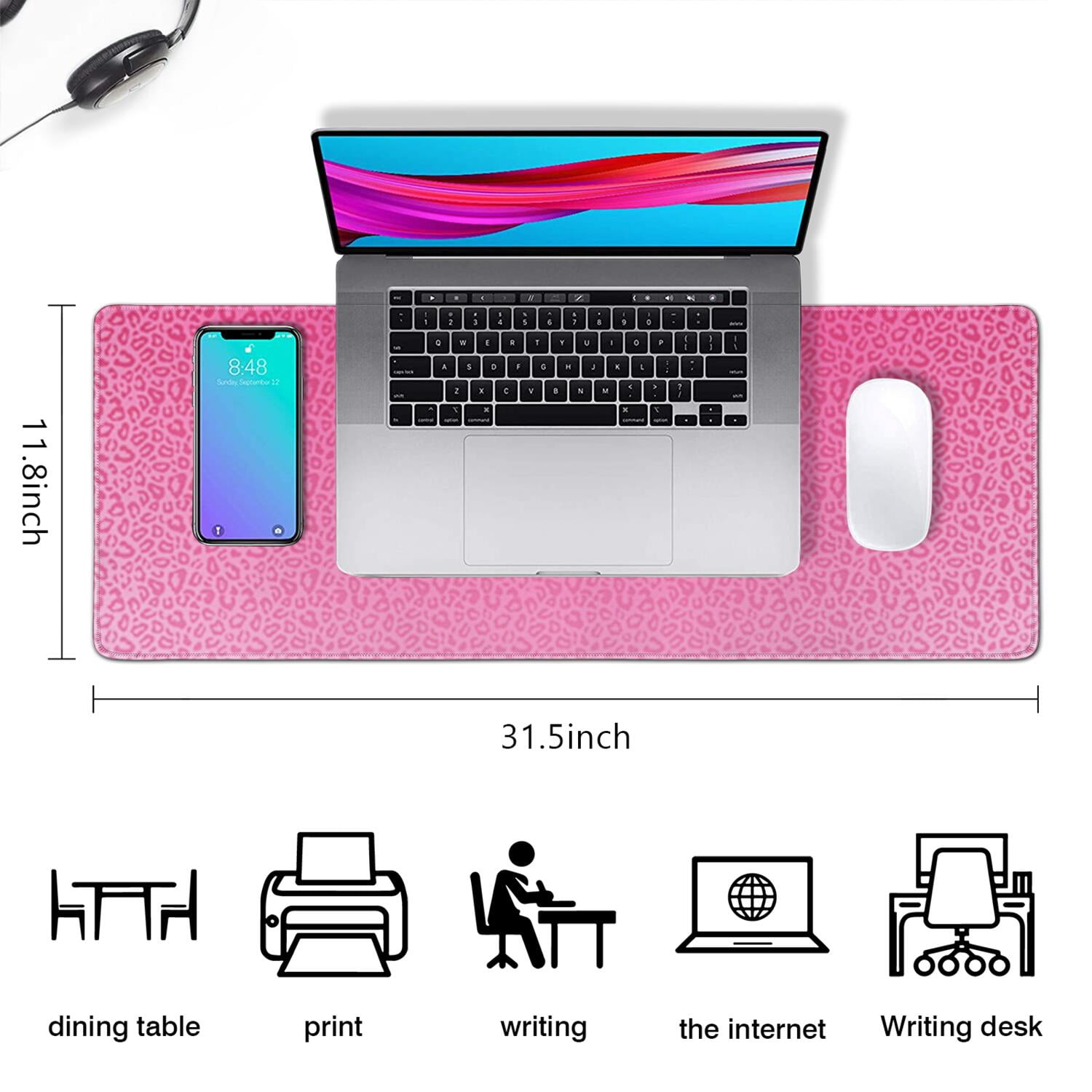 Long Mouse Pads for Desk,Pink Gradient Leopard Print Desk Mats on Top Of Desks, Desk Mouse Pad Extra Large with 3mm Non-Slip Base and Stitched Edge for Gaming,Office,Work,Home 31.5"x11.8"