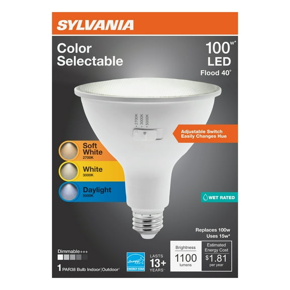 SYLVANIA PAR38 LED Light Bulb 100 watts Eqv, Selectable 2700K / 3000K / 5000K, 13 Yr, Dim, Frosted