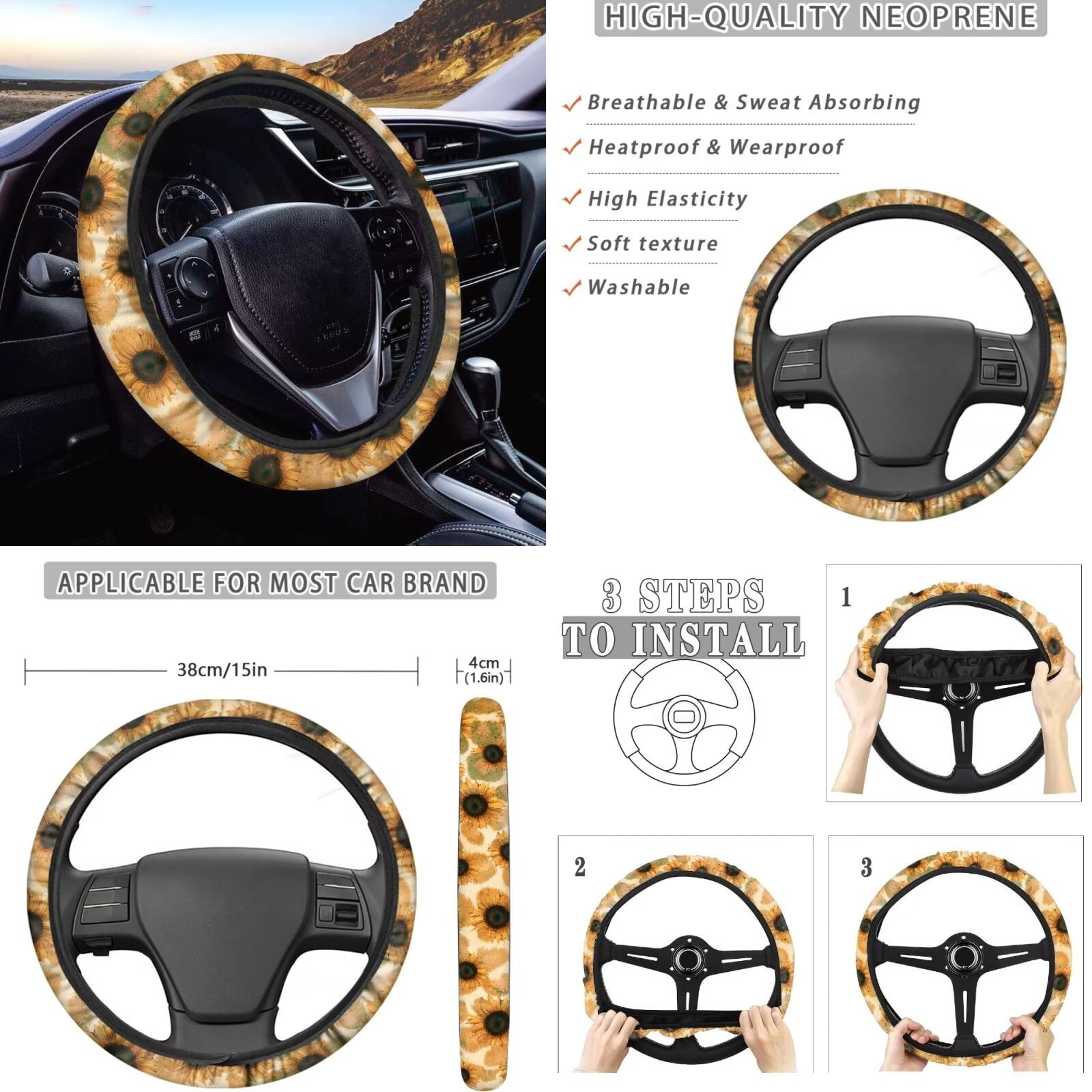 Garronmavis Aztec Sunflower Car Seat Covers Full Set for Interior Protection Decor Accessiores with Steering Wheel Wrap Gear Shift Cover Handbrake Sleeve Headrest Protectors Cup Coaster
