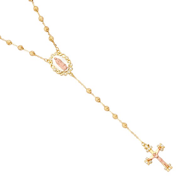 Wellingsale 14k Two 2 Tone White and Yellow Gold Polished 3mm Moon-Cut Ball CZ Cubic Zirconia Rosario / Rosary Necklace - 20"