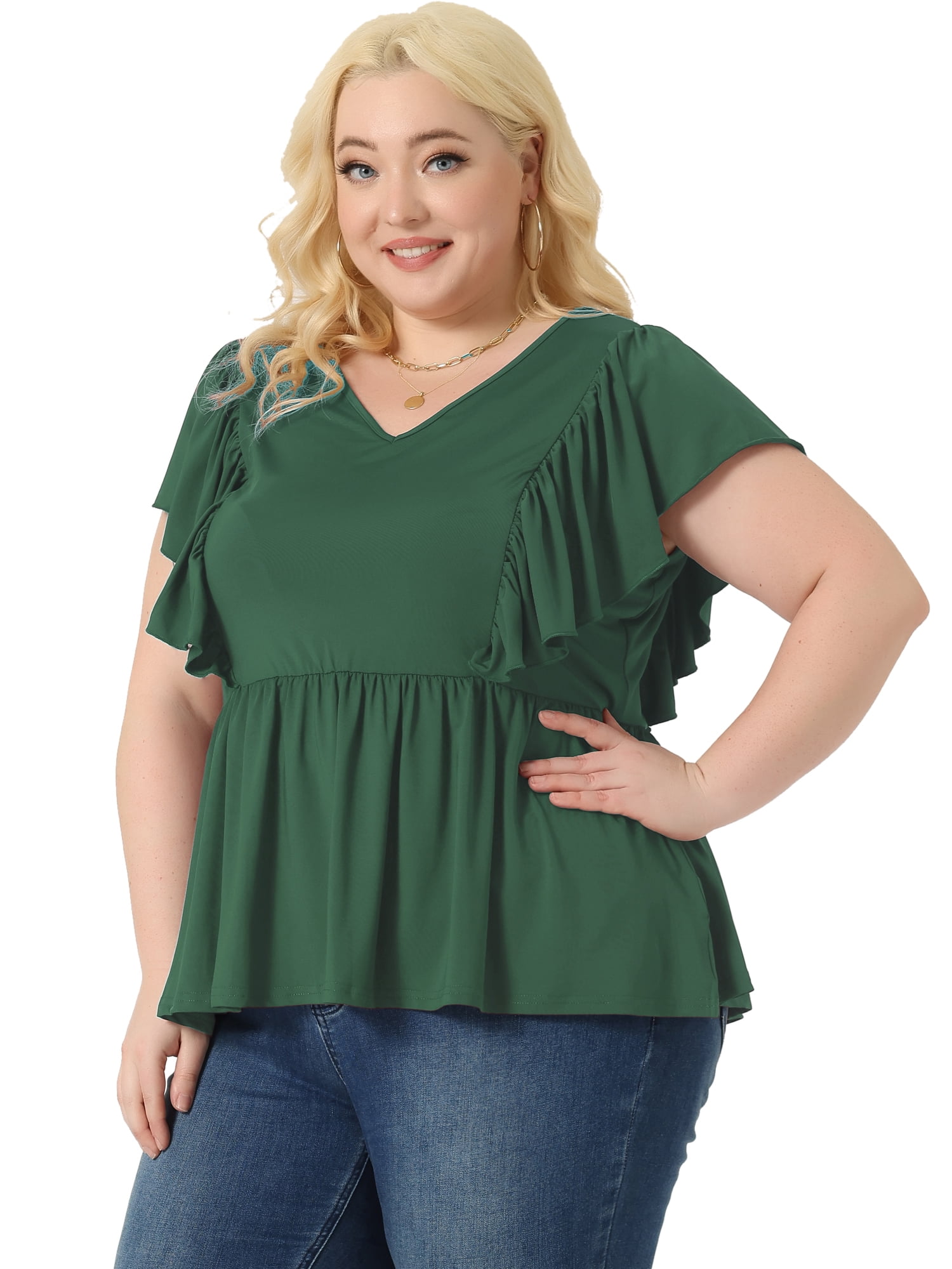 Unique Bargains Women Plus Size Tops V Neck Ruffle Sleeve Pleated Peplum Blouse Green 3X