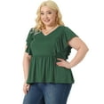 thumbnail image 2 of Unique Bargains Women Plus Size Tops V Neck Ruffle Sleeve Pleated Peplum Blouse Green 4X, 2 of 6