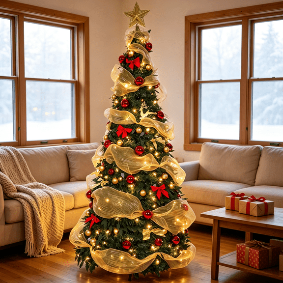 SOLAURA 6FT Pre-Lit Pop up Christmas Tree with 150 LED Lights & Christmas Decorations, Pre-Decorated Xmas Tree with Storage Bag & Ornaments, Easy Setup & Collapsible for Holiday Decoration, Green