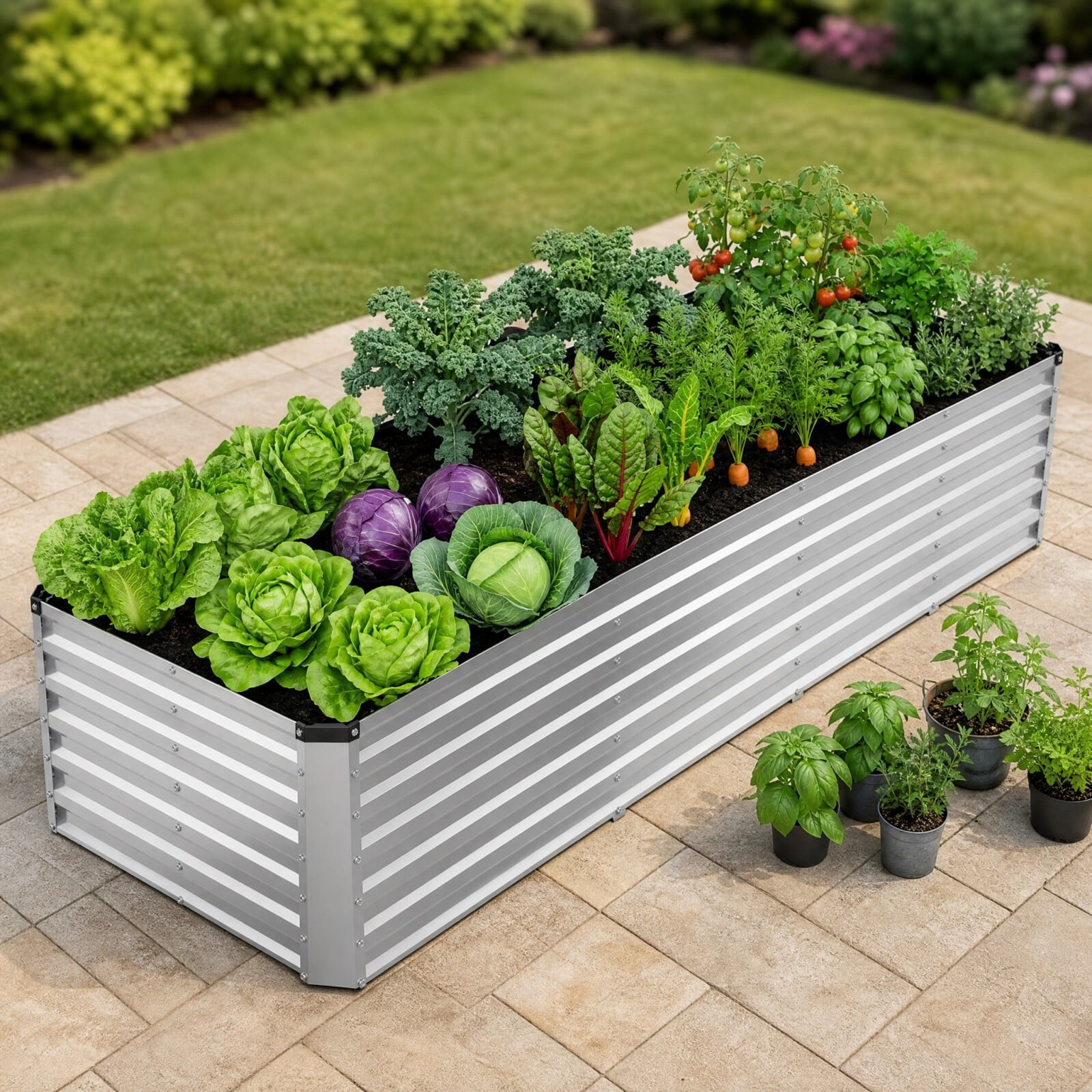 Kelno Galvanized Metal Raised Garden Bed 8x4x2ft Outdoor Planter Box for Vegetables Flowers Herbs Open Bottom Rectangular Raised Bed, Silver