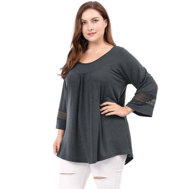 BluDelanteFrunciCon Mangas Raglán Kimono Con Panel De Ganchillo De TalGrande PaMujer Gris Oscuro XXL