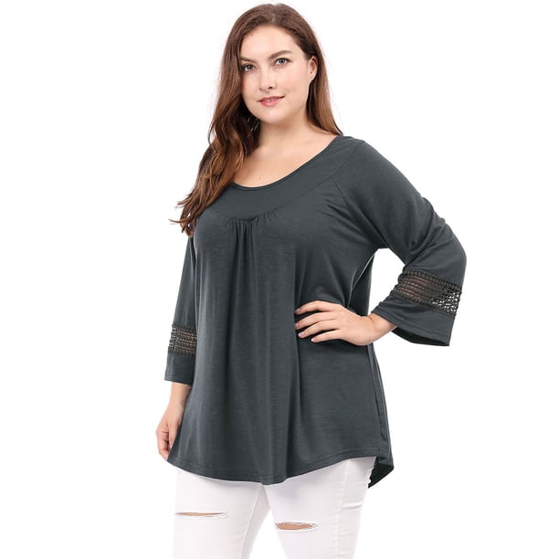 BluDelanteFrunciCon Mangas Raglán Kimono Con Panel De Ganchillo De TalGrande PaMujer Gris Oscuro XXL