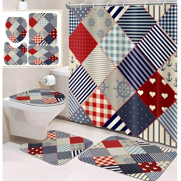 4 Pcs Bathroom Sets with Shower Curtain and Rugs, Nautical Navy Sea, Bathroom Decor Will Patchwork Patch Shower Curtain Sets for Bathroom Decor