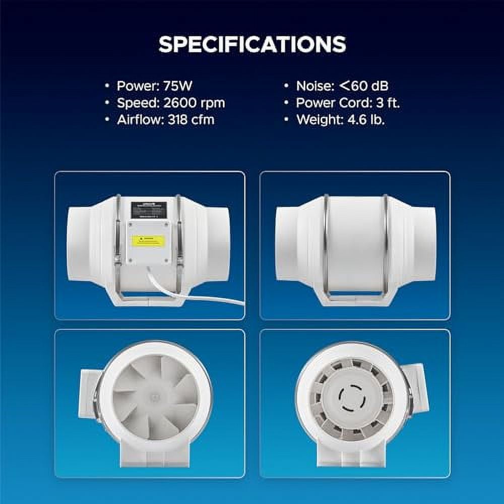OMTech 5.67” Inline Duct Fan, 318 cfm Ventilation Exhaust Fan with Quiet 75W AC Motor, Low Noise Duct Booster Fan for Grow Tents Homes Workshops Cooling