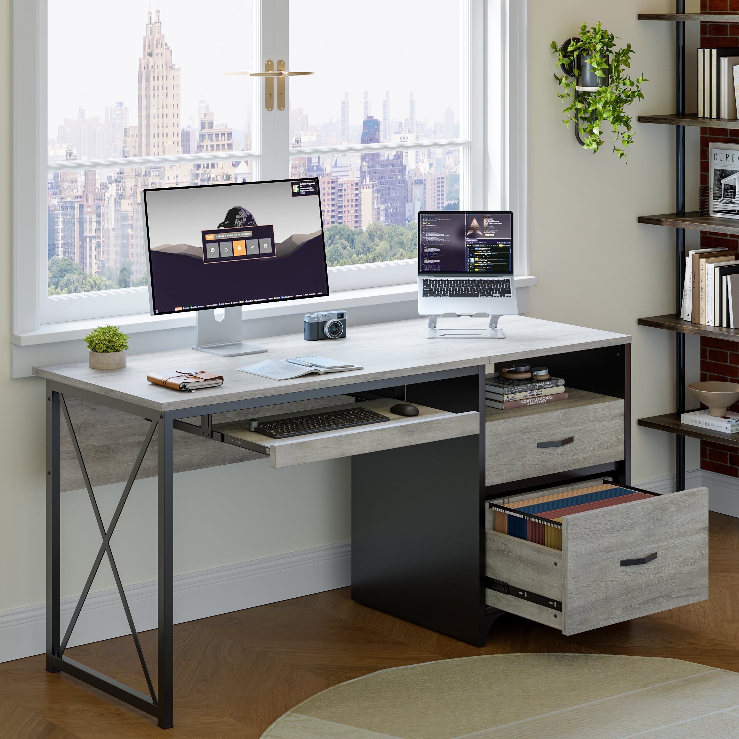 Bestier 55 inches Computer Desk with Storage Drawers & Keyboard Tray & File Drawer Home Office Desk in Gray