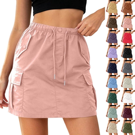 DHFJKG Cargo Skirts For Women High Waisted Casual Drawstring Utility Mini Skirts With Multi Pockets Solid Color Trendy Skirt