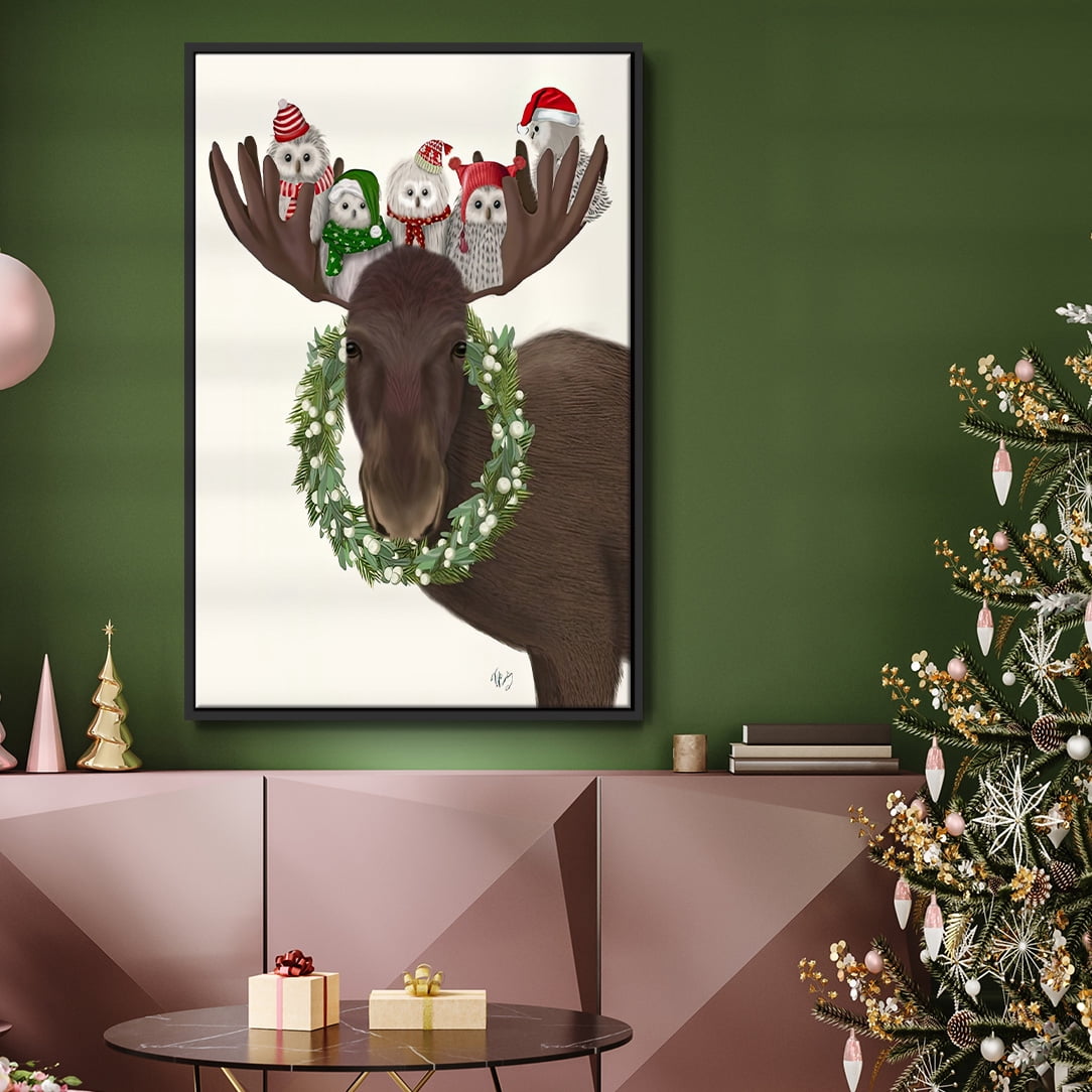 Christmas Moose and Christmas Owls - Framed Gallery Wrapped Holiday Canvas - 25 x 37 - Black Frame