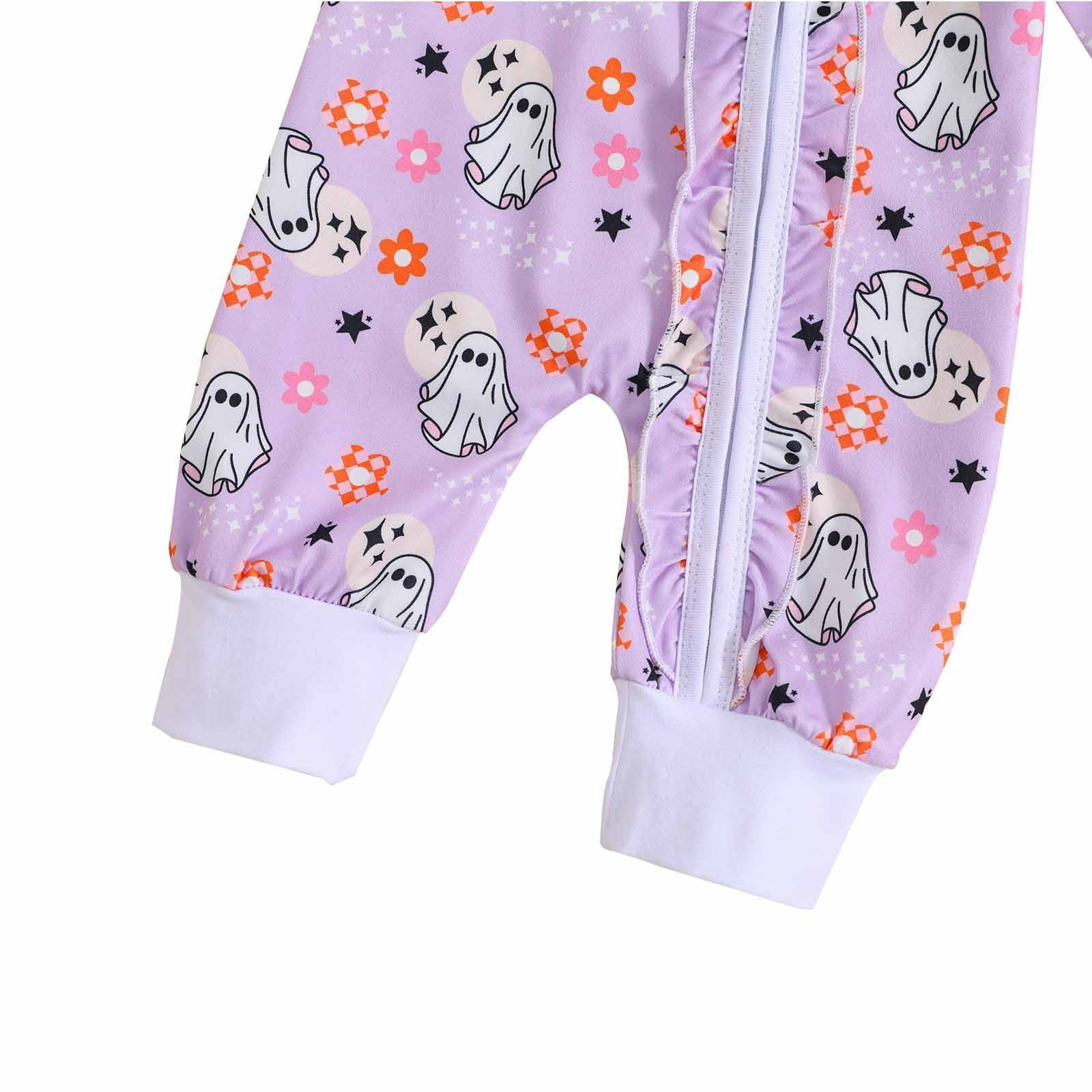 Baby Girl Bubble Romper Baby Girls Fall Full Zip Jumpsuit Cartoon Ghost Print Long Sleeve One Piece Pajama with Headband Soft Comfort Baby Boy Rompers Purple 6 Months-12 Months