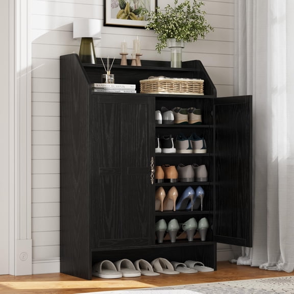 Farmhouse Shoe Storage Cabinet for Entryway, 47" Tall Wooden Shoe Organizer with 2 Doors, 5-Tier Adjustable Shelves & Open Storage Rack - Black Wood Grain, Double Door