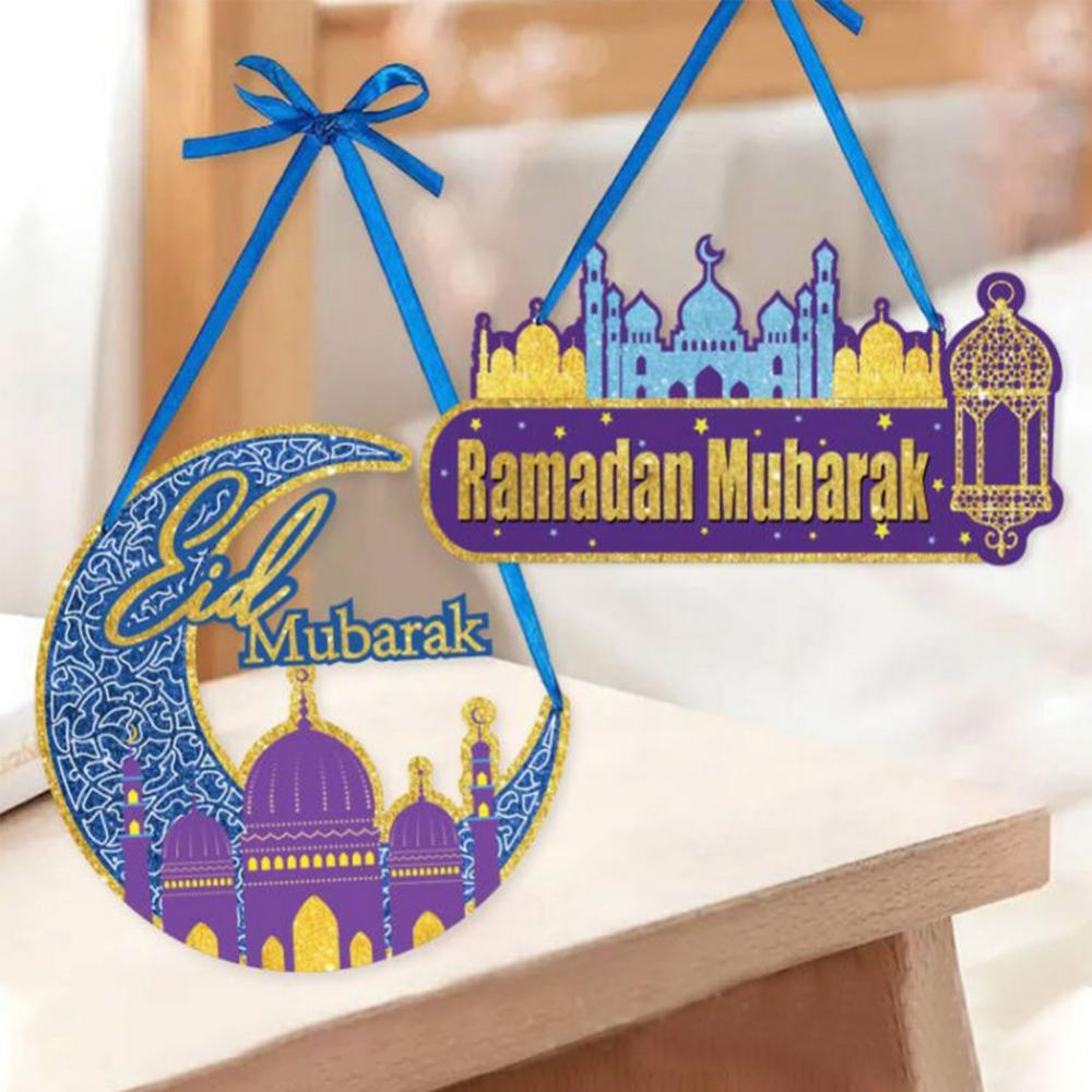 2 Pieces Eid Ramadan Mubarak Decorations Eid Mubarak Wood Hanging Signs Eid Mubarak Moon