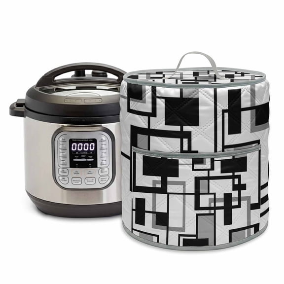 Geometric Black Pressure Cooker Cover White and Gray Line Dust Cover for Kitchen Appliances with Top Handle & Storage Pockets, Fits 6 Quart Instant Pot, Air Fryer, Crock Pot