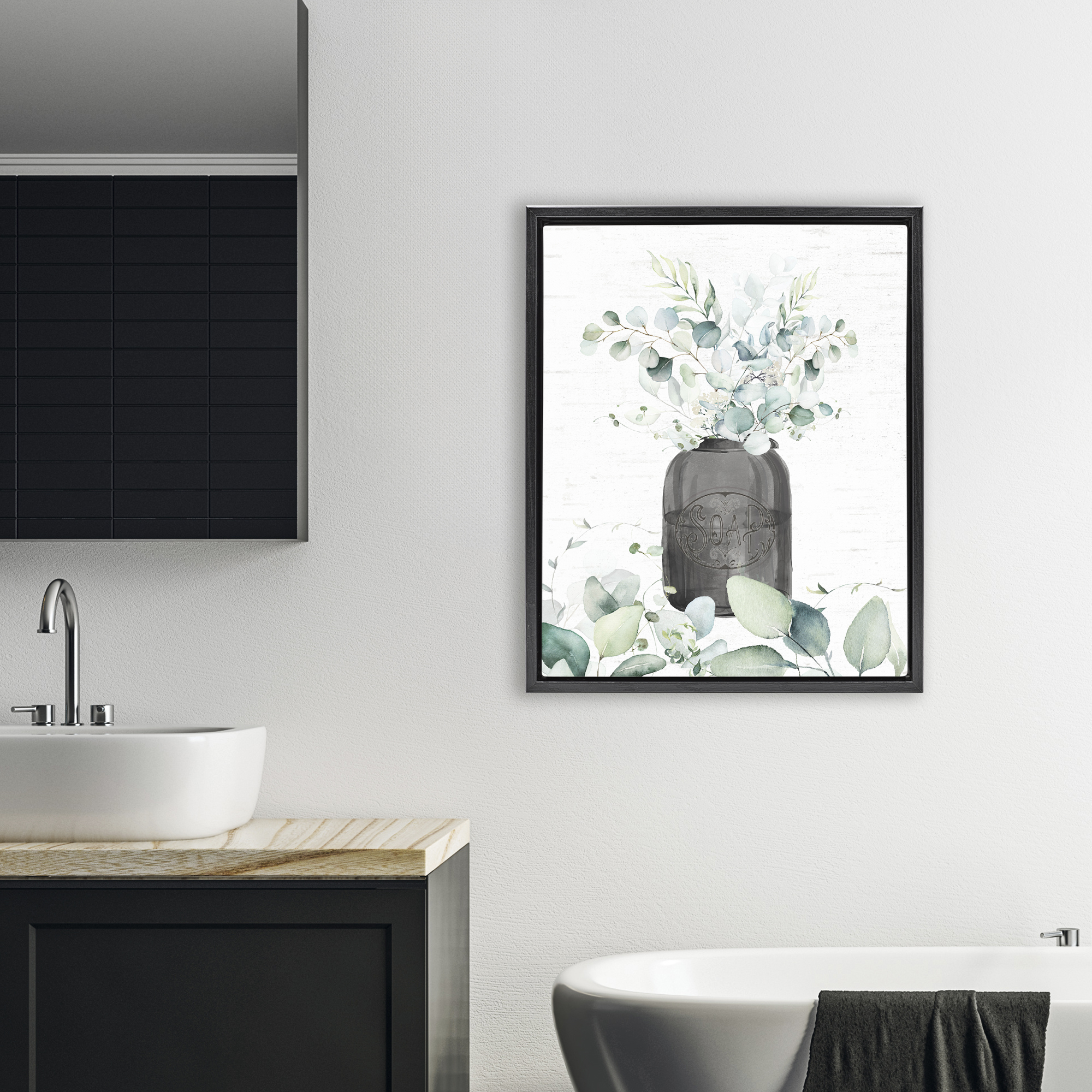 Soap Jar & Eucalyptus Black Framed Floater Canvas Wall Art, design by Lettered and Lined