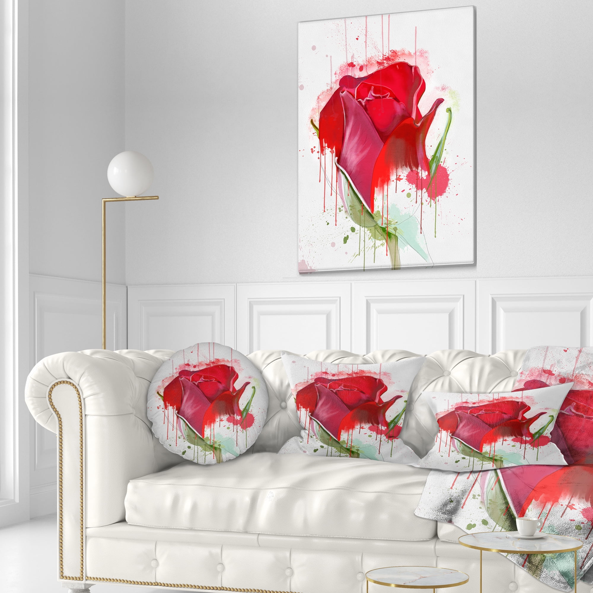 Designart Colorful Red Rose Sketch Watercolor - Floral Throw Pillow - 12x20