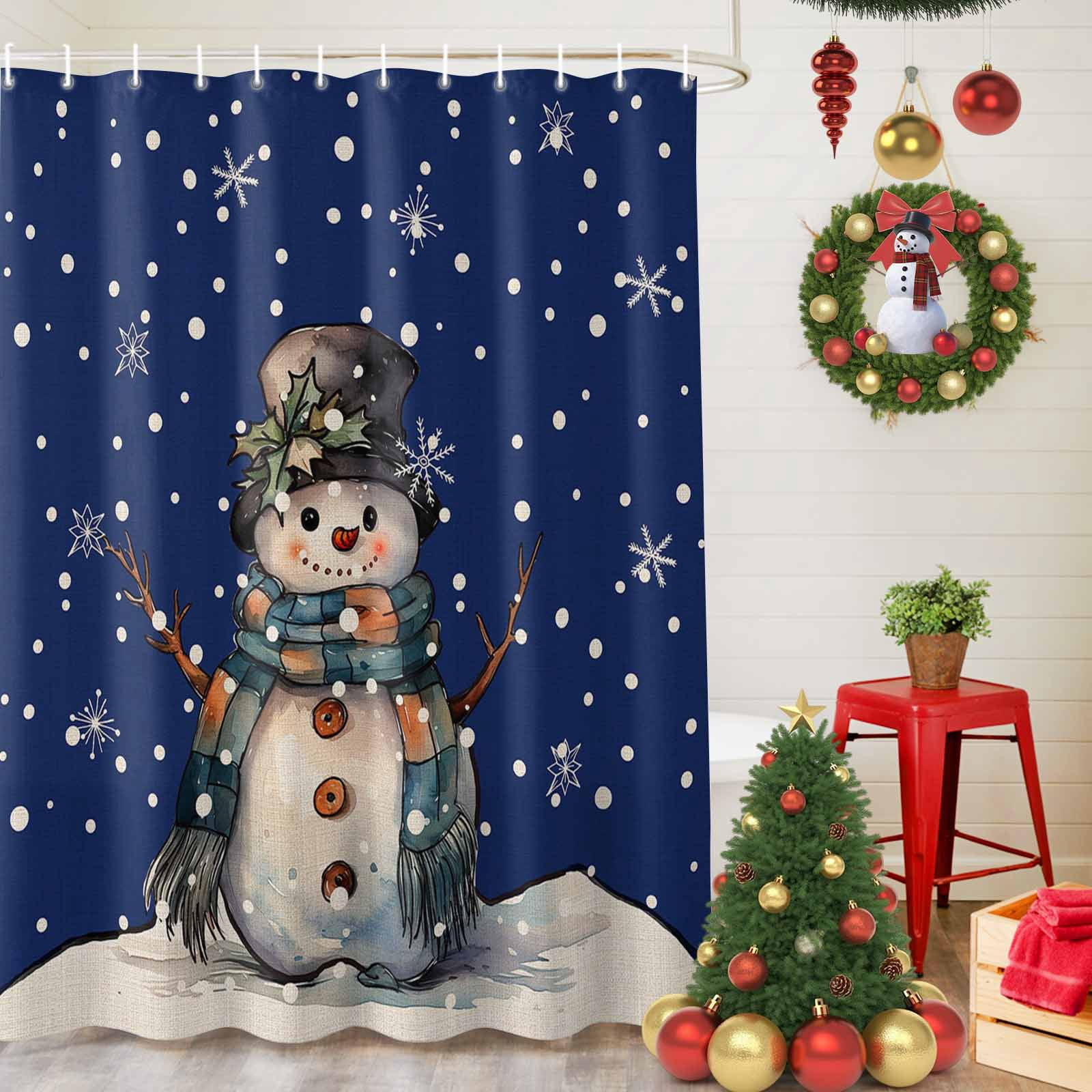 Shower Curtain Bathroom Set Merry Christmas Snowman Winter Snow Waterproof Fabric Shower Curtains with Grommets&Hooks Vintage Linen Navy Blue Privacy Bath Curtain for Bathtub 72x72in