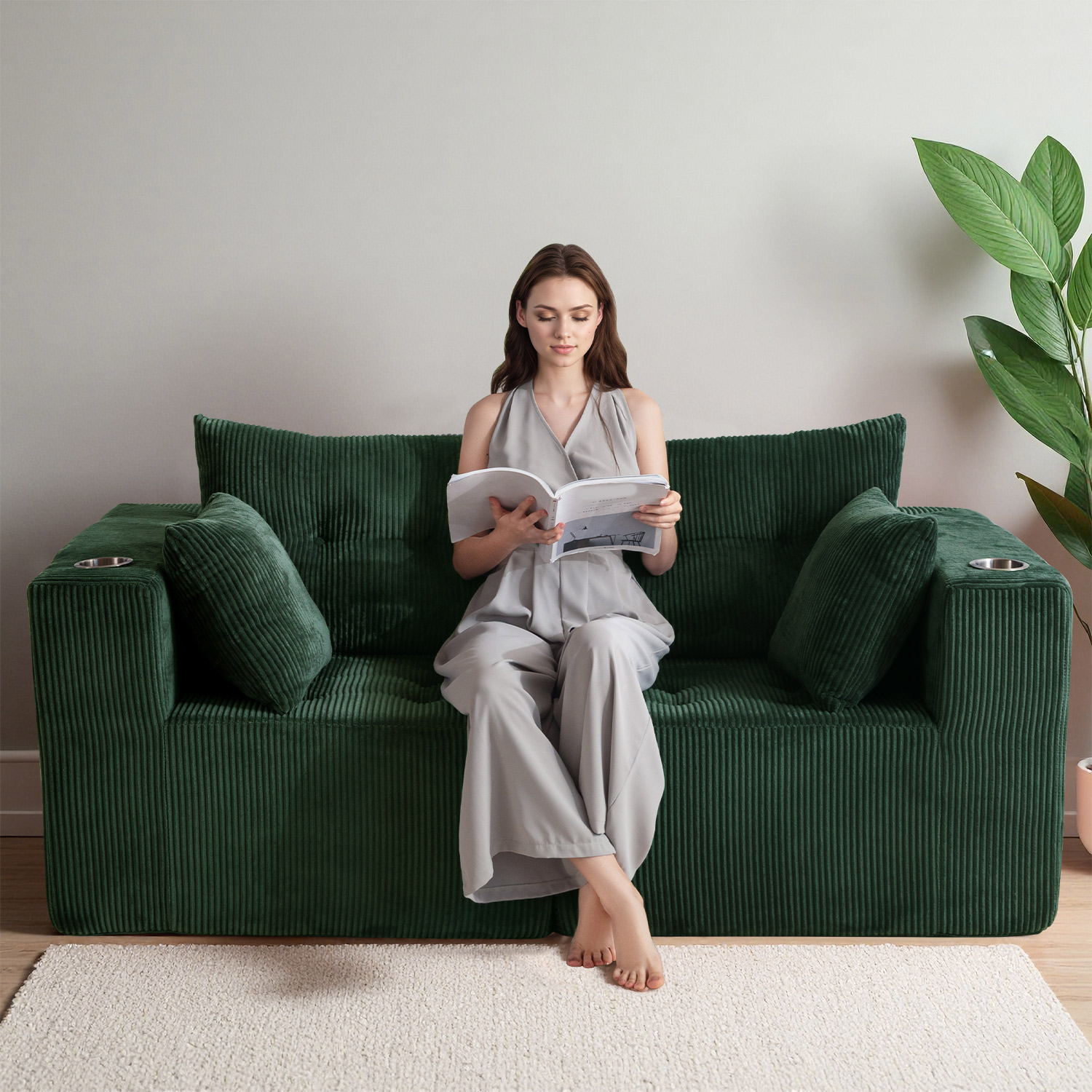 BYBYME 73"Oversized Loveseat Couch,2 Seat Sectional Corduroy Tufted Sofa,Upholstered Symmetrical Cloud Couch with Double Chaise,Wrap Around Sofa for Living Room Apartment Office,Sofa in A Box,Green