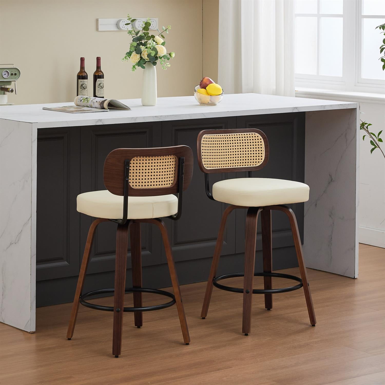 Demi Bonn 35" Swivel Bar Stools Set of 2 with Upholstered Faux Leather, Rattan Back & Bentwood Legs, Counter Height Stools for Kitchen or Bar Seating, Beige