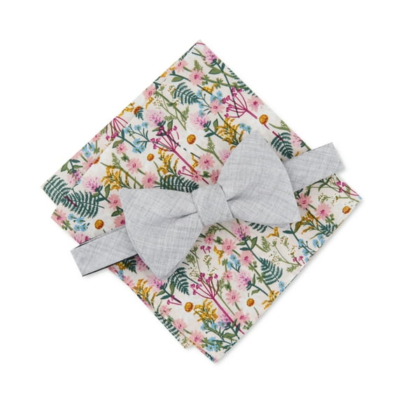 Bar III Men’s Chambray Bow Tie & Floral Pocket Square, Grey