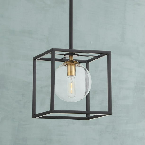 Possini Euro Design Black Cage Pendant Light 8" Wide Modern Clear Glass Orb Square Open Shade