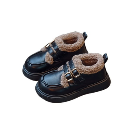 

SIMANLAN Girl Leather Shoes Full Lined Booties Slip On Loafers Uniform Non-Slip Winter Shoe School Fleece Ankle Boots Black 11C