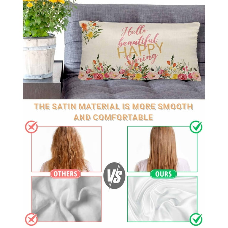 Satin Pillowcase for Hair and Skin Hello Beautiful Spring Watercolor Flowers Floral Beige Silky Pillow Cases King Size with Zipper 1 Pack Soft Cooling Pillow Cover for Women Men 20 x40 Walmart