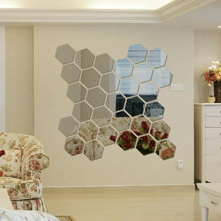 FUNCSDIK Hexagon Mirror Wall Sticker 12 Pieces Acrylic Mirror Three-dimensional Wall Stickers for Living Room Entrance Hallway Stairs Personalized