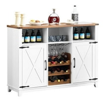 EROMMY Farmhouse Wine Bar Cabinet, 51" Sideboard Buffet Cabinet with Detachable Wine Rack and 3 Open Storage Compartments, Rustic Liquor Cabinet for Dining, Living Room, Kitchen, White