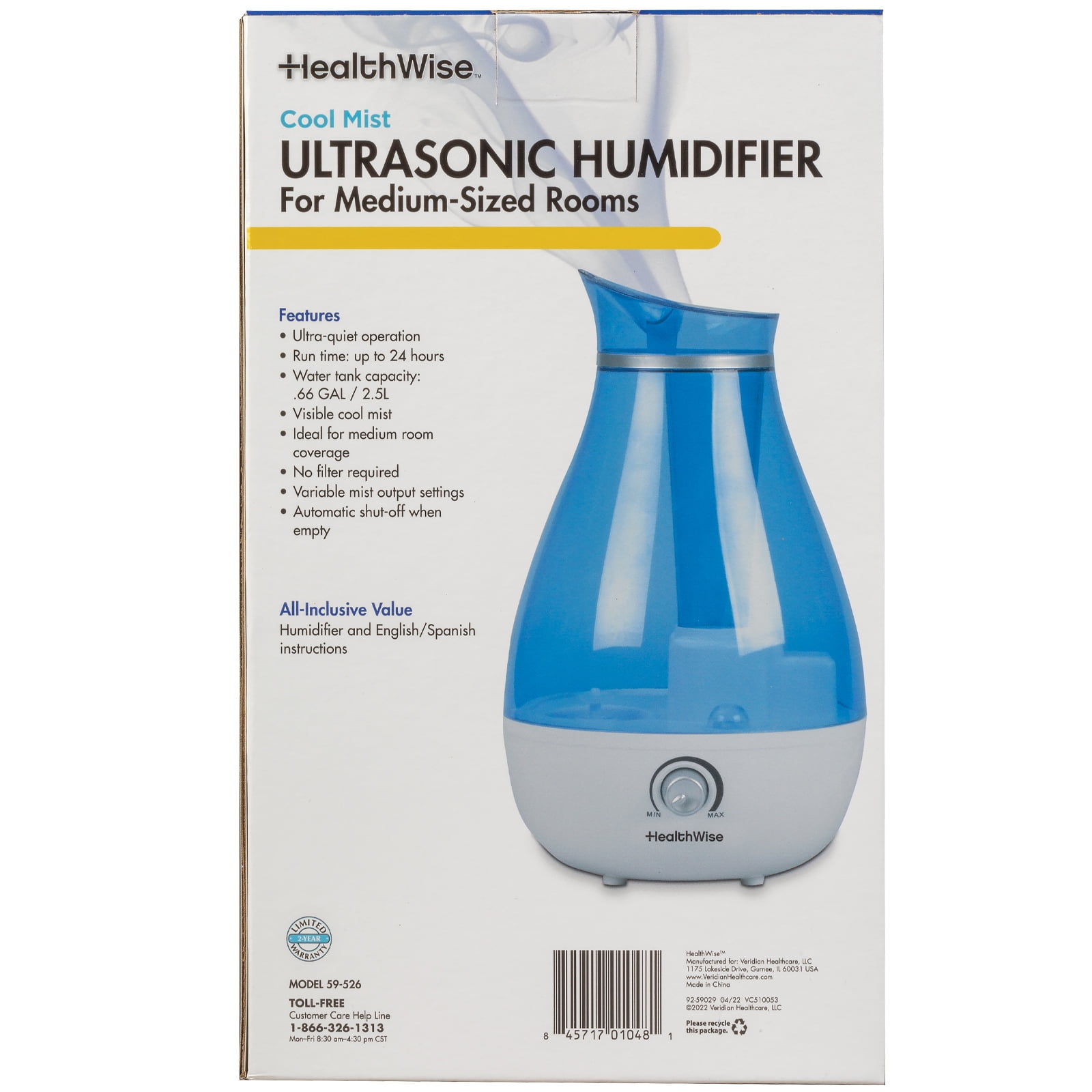 HealthWise Cool Mist Ultrasonic Humidifier | For Medium Size Rooms | No Filter Required | 24 Hour Run Time, Blue, 2.6L