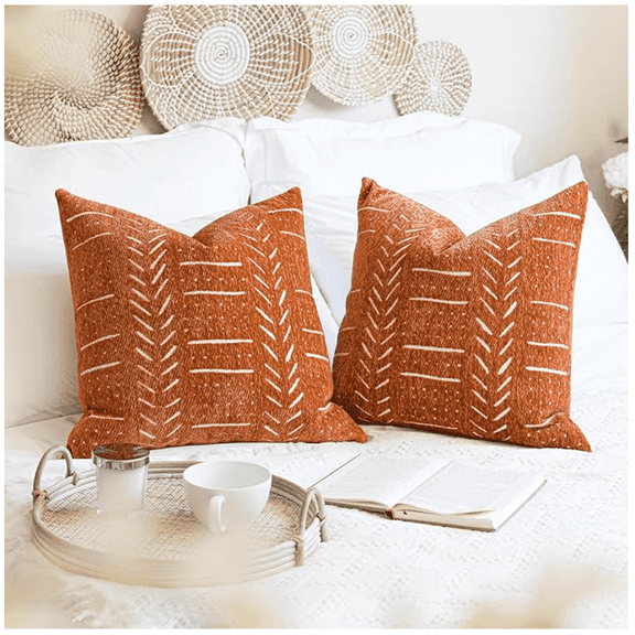 BlissBlush Brick Red Decorative Throw Pillow Covers 20X20, Set of 2, Boho Farmhouse Cushion Cover, Cozy Soft Accent Pillowcase for Couch Sofa Bed Living Room Home Décor