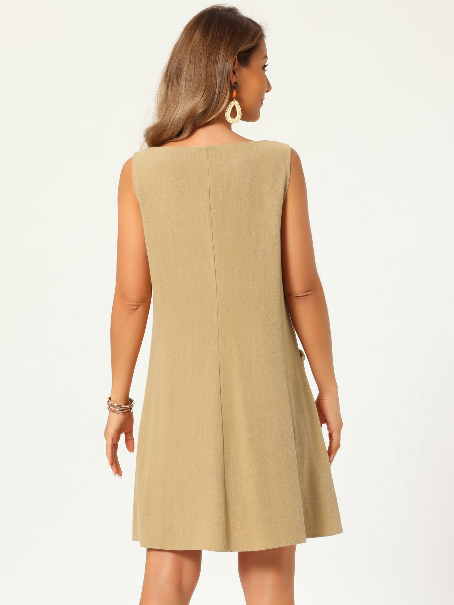 DARING DIVA Women's Linen Sleeveless Sundress Casual Loose Flowy Mini Dress S Khaki