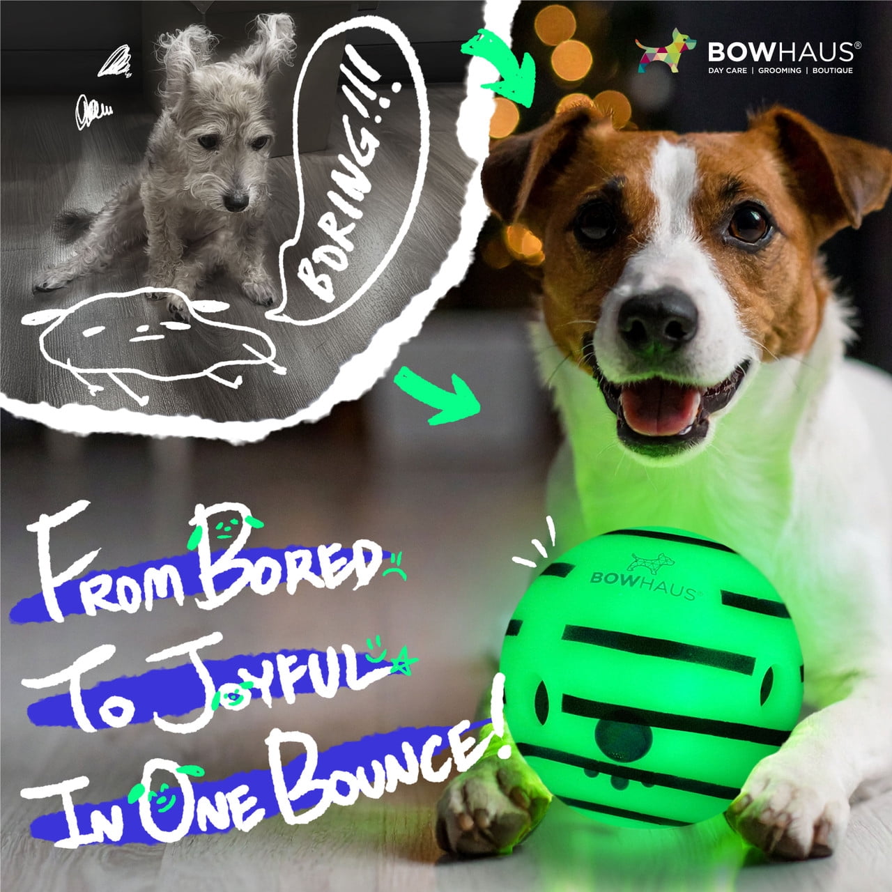 BOWHAUS Giggle Glow in The Dark Ball for Dogs, 5.5 Inch Interactive Dog Exercise Toys, Indestructible Fun Squeaky Chew Toy, Non-Toxic Durable PVC Chew Ball for Indoor Outdoor Play