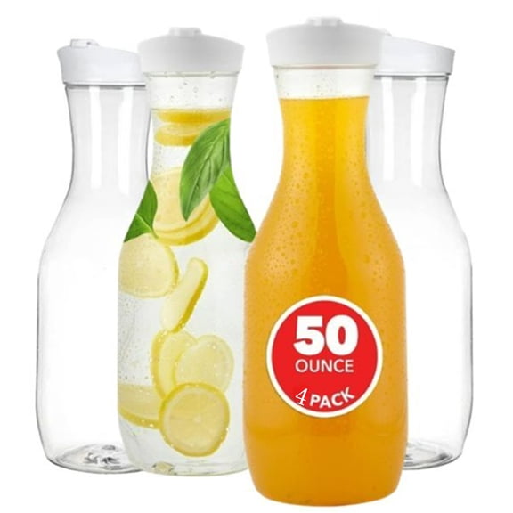 Bxaolu [50.7oz - 4 Pack] Plastic Carafe with Lid, Large Capacity- Clear Pitcher with Flip Top Lid, Easy-Pour Spout Juice Containers with Lids, Hand Wash Only - Perfect for Mimosa Bar